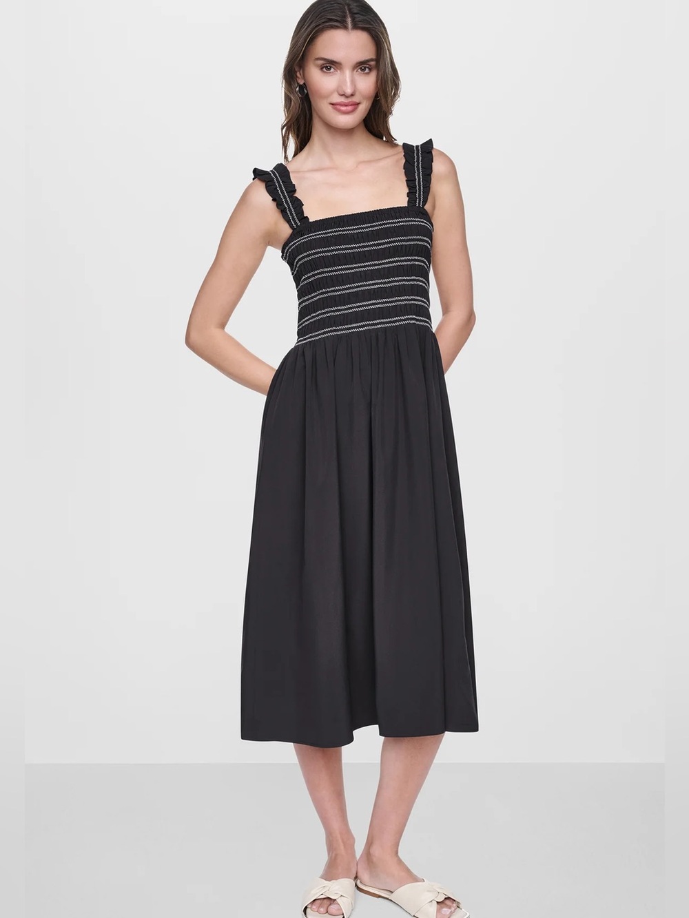 NWT DKNY Black Smocked Midi Dress with Ruffle Straps